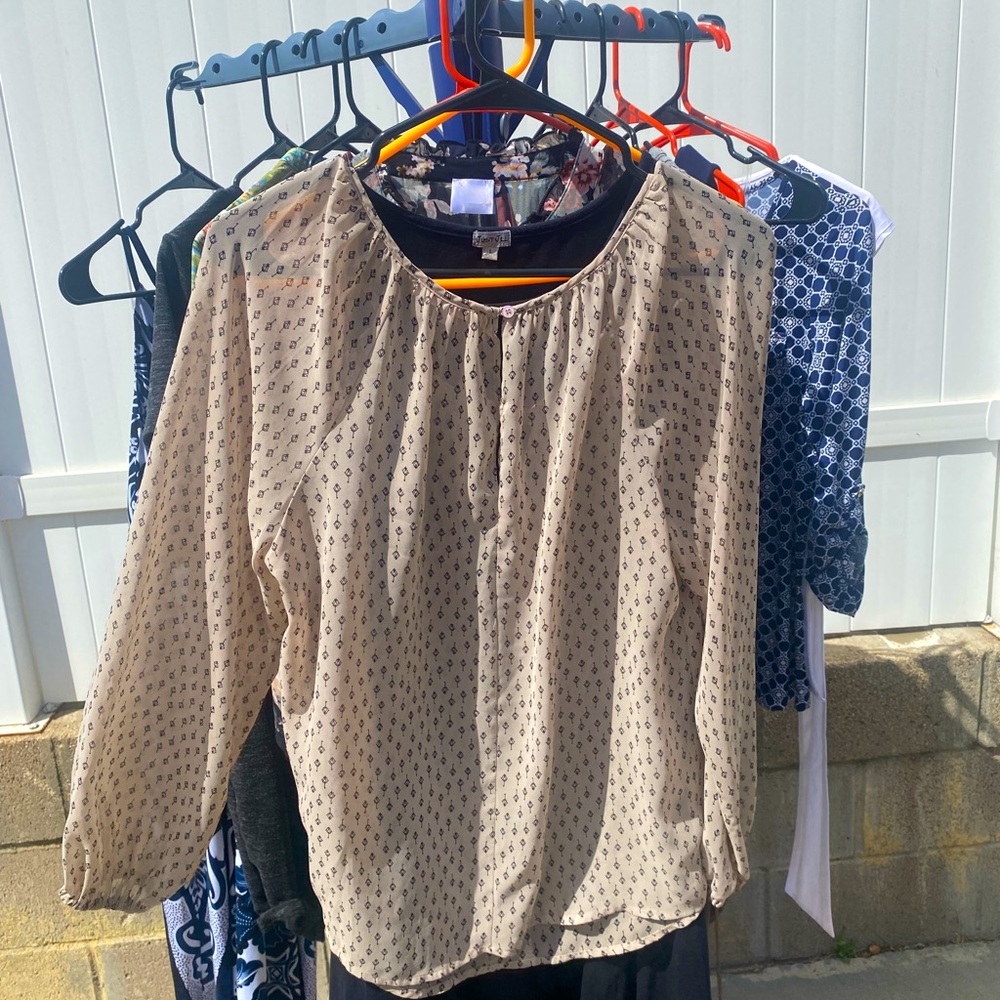 Sheer pattered tan blouse, size medium